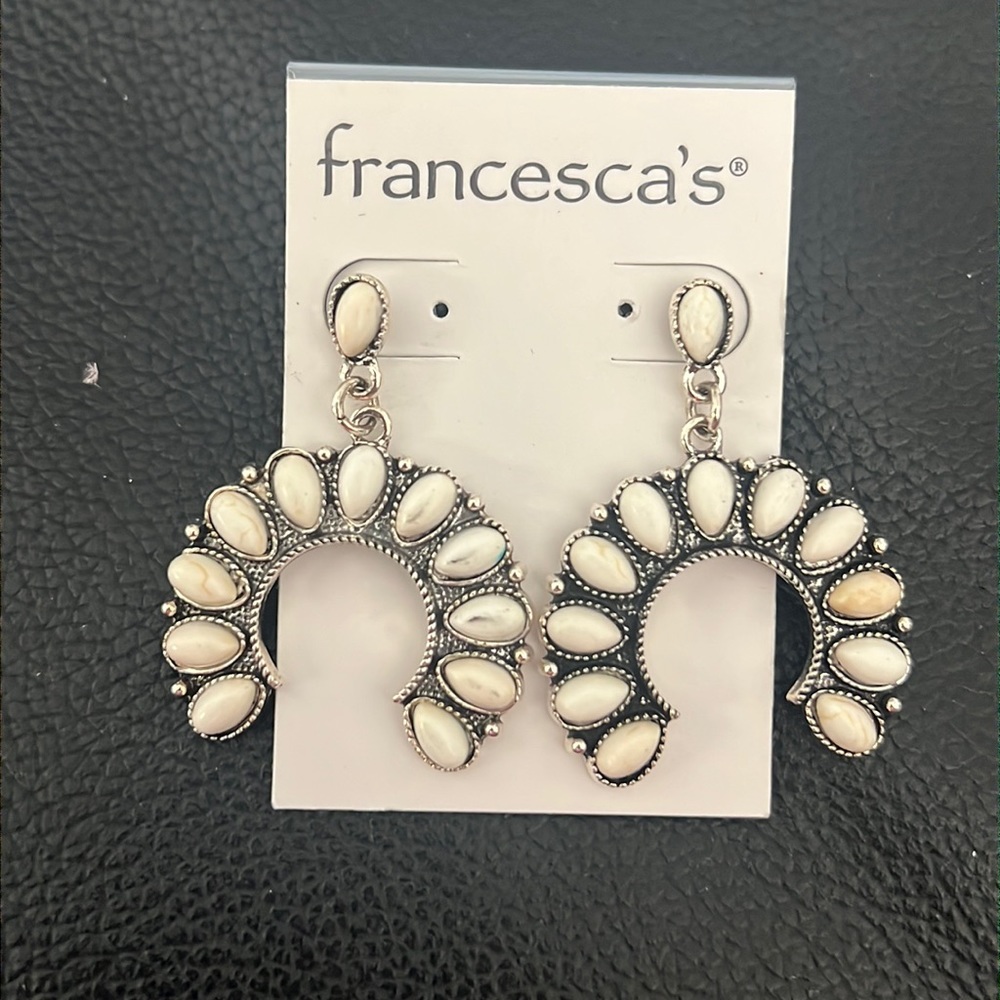 Bohemian Western Silver White Color Drop Earrings Squash Blossom